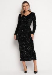 Czarna Cekinowa Spódnica Midi za Kolano z Rozcięciem Asinna. Czarne spódnice damskie Born2be, na co dzień, l, bez wzorów, glamour, midi. Za 139.99 zł.