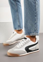 Biało-Szare Sneakersy w Klasycznym Stylu Ellirianne. Białe obuwie sportowe damskie Born2be, bez zapięcia, trekkingowe. Za 89.99 zł.