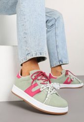 Zielono-Fuksjowe Sneakersy Ozdobione Geometrycznym Motywem Telindrela. Zielone obuwie sportowe damskie Renee, z jeansu, bez zapięcia. Za 79.99 zł.
