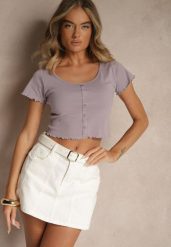 Fioletowy Dopasowany T-shirt z Bawełny Zdobiony Guzikami Filinnea. Fioletowe t-shirty damskie Renee, l, z aplikacjami, z bawełny, bez kołnierzyka. Za 34.99 zł.