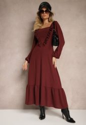 Bordowa Sukienka Ozdobiona Falbanami o Rozkloszowanym Kroju Alleira. Czerwone sukienki damskie Renee, z aplikacjami, eleganckie, bez ramiączek. W wyprzedaży za 67.99 zł.