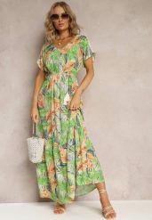 Zielono-Pomarańczowa Maxi Sukienka z Wiskozy w Kwiatowy Print ze Sznurkiem w Talii Anukka. Zielone sukienki damskie Renee, bez wzorów, z wiskozy, bez ramiączek. W wyprzedaży za 91.99 zł.