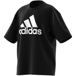 Damska koszulka z dużym logo adidas Essentials Boyfriend. Białe koszulki damskie Adidas, bez wzorów, bez kołnierzyka, bez ramiączek. W wyprzedaży za 105.05 zł.