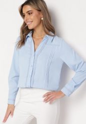 Niebieska Koszula z Koronkową Lamówką Latorena. Niebieskie koszule damskie Born2be, l, bez wzorów, z koronki, eleganckie, bez kołnierzyka, bez ramiączek. Za 74.99 zł.