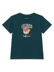 Guess T-Shirt N6YI13 K3801 Zielony ciemny Regular Fit. Zielone t-shirty i koszulki chłopięce Guess, z aplikacjami, z bawełny, bez kołnierzyka, bez ramiączek. Za 74.99 zł.