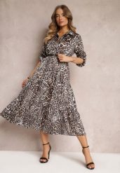 Brązowa Sukienka w Panterkę z Paskiem Antibrote. Brązowe sukienki damskie Renee, bez wzorów, eleganckie, bez ramiączek. W wyprzedaży za 107.99 zł.