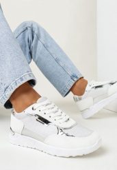 Białe Sneakersy z Metalicznymi Wstawkami i Brokatem Balfora. Białe obuwie sportowe damskie Born2be, bez zapięcia. Za 84.99 zł.