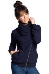 Sportowa Bluza Zapinana na Ukośny Zamek - Granatowa. Fioletowe bluzy damskie MOE, l, bez wzorów, z bawełny, bez kaptura. Za 273.90 zł.