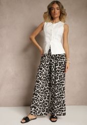 Czarno-Białe Panterkowe Spodnie z Wiskozy High Waist Ellilune. Czarne spodnie materiałowe damskie Renee, bez wzorów, z jeansu. Za 39.99 zł.