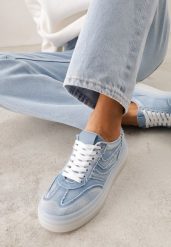 Niebieskie Sneakersy na Platformie z Denimu Nanore. Niebieskie obuwie sportowe damskie Renee, z denimu, bez zapięcia. Za 99.99 zł.