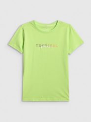 4F T-shirt slim z nadrukiem damski - żółty S. Żółte t-shirty damskie 4F, l, bez wzorów, z bawełny, bez kołnierzyka. Za 59.99 zł.