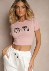 Różowy T-shirt z Bawełny Ozdobiony Łańcuchem i Napisem Olithel. Czerwone t-shirty damskie Renee, m, bez wzorów, z bawełny, bez kołnierzyka. Za 39.99 zł.