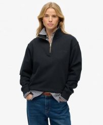 Superdry Bluza Essential Logo z półzamkiem i haftem – Luźny krój. Niebieskie bluzy damskie Superdry, bez wzorów, z bawełny, bez kaptura. Za 279.30 zł.