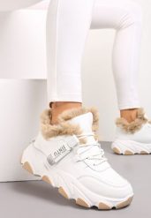 Białe Sznurowane Sneakersy Chunky z Futerkiem i Grubą Podeszwą Nimfore. Białe obuwie sportowe damskie Renee, bez zapięcia. Za 59.99 zł.