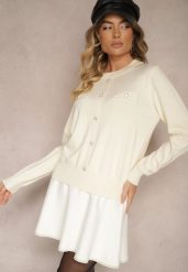 Jasnobeżowy Sweter z Wiskozą na Guziki z Perełkami i Ściągaczami Evaselle. Brązowe swetry klasyczne damskie Renee, z wiskozy, bez kołnierzyka. Za 69.99 zł.