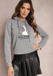 Szara Bluza z Kapturem i Ozdobnym Nadrukiem Kliorre. Szare bluzy damskie Renee, l, bez wzorów, z kapturem. Za 79.99 zł.