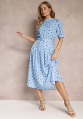 Niebieska Rozkloszowana Sukienka Midi z Gumką w Pasie i Ozdobnym Paskiem z Klamrą Abennita. Niebieskie sukienki damskie Renee, z aplikacjami, z materiału, eleganckie, bez ramiączek. W wyprzedaży za 119.99 zł.