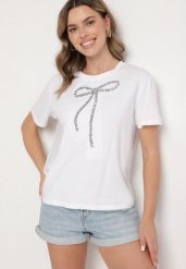 Biały T-shirt Oversize z Bawełny Zdobiony Kokardą z Cekinów Tenesela. Białe t-shirty damskie Born2be, m, z aplikacjami, z bawełny, bez kołnierzyka. Za 29.99 zł.