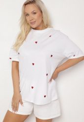 Biało-Czerwony Bawełniany T-shirt Zdobiony Haftem w Kształcie Serc Naloree. Białe t-shirty damskie Born2be, l, z aplikacjami, z bawełny, bez kołnierzyka. Za 69.99 zł.