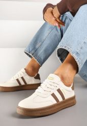 Beżowo-Brązowe Sneakersy Sportowe z Ozdobnymi Paskami i Przeszyciami Wenilan. Brązowe obuwie sportowe casual damskie Renee, z jeansu, bez zapięcia. Za 99.99 zł.