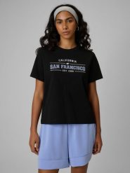 4F T-shirt boxy z nadrukiem damski - czarny XL. Czarne t-shirty damskie 4F, uniwersalny, bez wzorów, z jeansu, bez kołnierzyka. Za 69.99 zł.