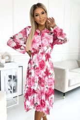 Plisowana Sukienka w Kwiaty Zapinana na Guziki - Różowe Kwiaty. Czerwone sukienki damskie NUMOCO, bez wzorów, z materiału, wizytowe, bez ramiączek. Za 229.90 zł.