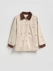 Jeansowa kurtka z haftem - beżowy. Brązowe kurtki damskie Reserved, l, bez wzorów, z denimu, bez kaptura. Za 229.99 zł.