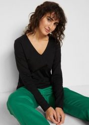 Bluzka z długim rękawem z czystej bawełny organicznej. Czarne bluzki damskie bonprix, bez wzorów, z bawełny, bez kołnierzyka, bez ramiączek. Za 42.99 zł.