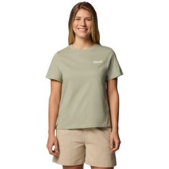 T-shirt sportowy z krótkim rękawem damski Rolling Bend Graphic SS Tee. Zielone koszulki sportowe damskie Columbia, m, bez wzorów, z bawełny, bez ramiączek, trekkingowe. Za 99.99 zł.