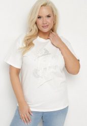 Biały T-shirt z Bawełny z Cyrkoniowym Nadrukiem Sovtebia. Białe t-shirty damskie Born2be, xl, z aplikacjami, z bawełny, bez kołnierzyka. Za 44.99 zł.