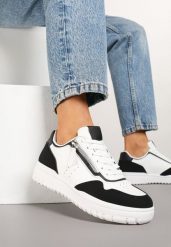 Biało-Czarne Sneakersy na Niskiej Platformie z Ozdobnym Suwakiem i Perforacją Ulivane. Białe obuwie sportowe damskie Born2be, z jeansu, bez zapięcia. Za 69.99 zł.