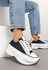 Granatowe Streetwearowe Sneakersy na Grubej Podeszwie z Tłoczeniami Hanivae. Niebieskie obuwie sportowe damskie Born2be, z jeansu, bez zapięcia. Za 89.99 zł.