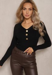Czarny Prążkowany Sweter z Bawełną i Guzikami Mirisia. Czarne swetry klasyczne damskie Renee, na zimę, z bawełny, bez kołnierzyka. Za 54.99 zł.