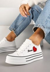 Białe Trampki na Grubej Podeszwie z Aplikacją i Napisem Eheria. Białe trampki damskie Renee, z aplikacjami, z jeansu, bez zapięcia. Za 74.99 zł.