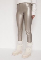 Szampańskie Legginsy z Ekoskóry z Guzikami Wysokim Stanem i Gumką w Talii Sintheria. Żółte legginsy damskie Born2be, l, z aplikacjami, z jeansu. Za 29.99 zł.