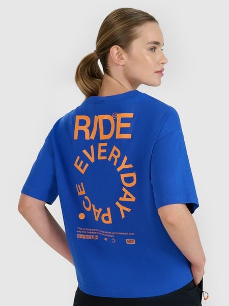 4F T-shirt oversize z nadrukiem damski - niebieski XL. Niebieskie t-shirty damskie 4F, xl, bez wzorów, z bawełny, bez kołnierzyka. W wyprzedaży za 39.99 zł.