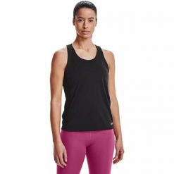 Koszulka damska Under Armour Fly By Tank. Czarne koszulki damskie Under Armour, xs, bez wzorów, bez kołnierzyka, bez ramiączek. Za 79.99 zł.