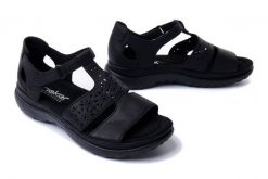 RIEKER 64865-01 black, sandały damskie. Czarne sandały damskie Rieker, w ażurowe wzory, bez obcasa, bez zapięcia. Za 279.92 zł.