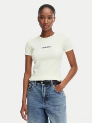 Calvin Klein Jeans T-Shirt LV047G816G Kremowy Slim Fit. Białe t-shirty damskie Calvin Klein Jeans, s, bez wzorów, z bawełny, bez kołnierzyka. Za 229.99 zł.
