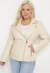 Jasnobeżowa Kurtka Ramoneska z Imitacji Skóry Azzarella. Brązowe kurtki damskie Born2be, xl, bez wzorów, ze skóry, bez kaptura. Za 189.99 zł.