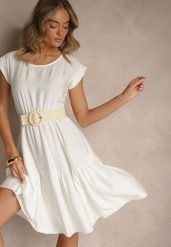 Biała Rozkloszowana Sukienka z Wiskozy Linurea. Białe sukienki damskie Renee, bez wzorów, z wiskozy, eleganckie, bez ramiączek. W wyprzedaży za 75.99 zł.