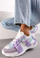Fioletowe Sneakersy z Ozdobnym Sznurowaniem i Taśmami Larvel. Fioletowe obuwie sportowe damskie Renee, bez zapięcia. Za 34.99 zł.