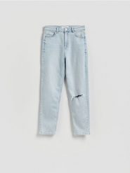 Jeansy mom fit z rozcięciem - niebieski. Niebieskie jeansy damskie Reserved. Za 129.99 zł.