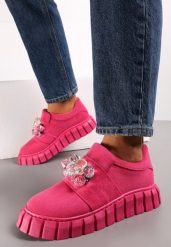 Fuksjowe Wsuwane Sneakersy na Platformie z Kryształkami Alexelina. Czerwone obuwie sportowe damskie Renee, z jeansu, bez zapięcia. Za 44.99 zł.