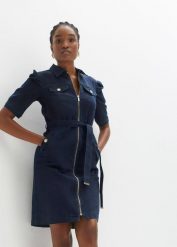 Sukienka dżinsowa z zamkiem. Niebieskie sukienki damskie bonprix, bez wzorów, bez ramiączek. Za 199.99 zł.