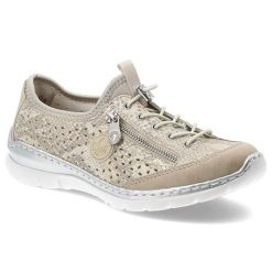 Półbuty damskie Rieker, skóra naturalna ażurowa cholewka elastyczne sznurowanie suwak boczny miękka wkładka lekka i amortyzująca podeszwa, złote, L32. Żółte półbuty damskie Rieker, w ażurowe wzory, ze skóry, bez obcasa, na płaskiej podeszwie, bez zapięcia. Za 359.00 zł.