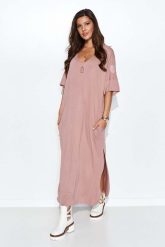 Wiskozowa Maxi Sukienka Oversize - Różowa. Czerwone sukienki damskie Makadamia, bez wzorów, z dzianiny, bez ramiączek. Za 229.90 zł.