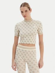 Guess T-Shirt V5BP07 K2000 Beżowy Slim Fit. Brązowe t-shirty damskie Guess, l, z aplikacjami, z syntetyku, bez kołnierzyka. Za 139.99 zł.