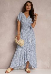 Niebieska Rozkloszowana Sukienka z Wiązanym Paskiem i Ozdobną Falbanką Holm. Niebieskie sukienki damskie Renee, bez wzorów, eleganckie, bez ramiączek. W wyprzedaży za 75.99 zł.