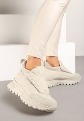 Jasnobeżowe Pikowane Sneakersy na Platformie Ozdobione Napisem Resilie. Brązowe obuwie sportowe damskie Renee, z jeansu, bez zapięcia. Za 209.99 zł.